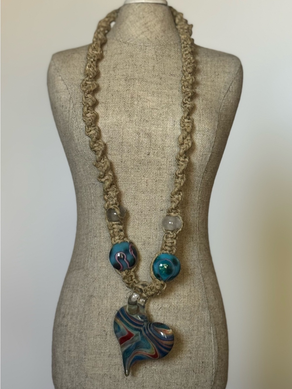 Vintage Hand-Knotted Hemp Choker / Necklace with Murano Style Glass Heart Focal
